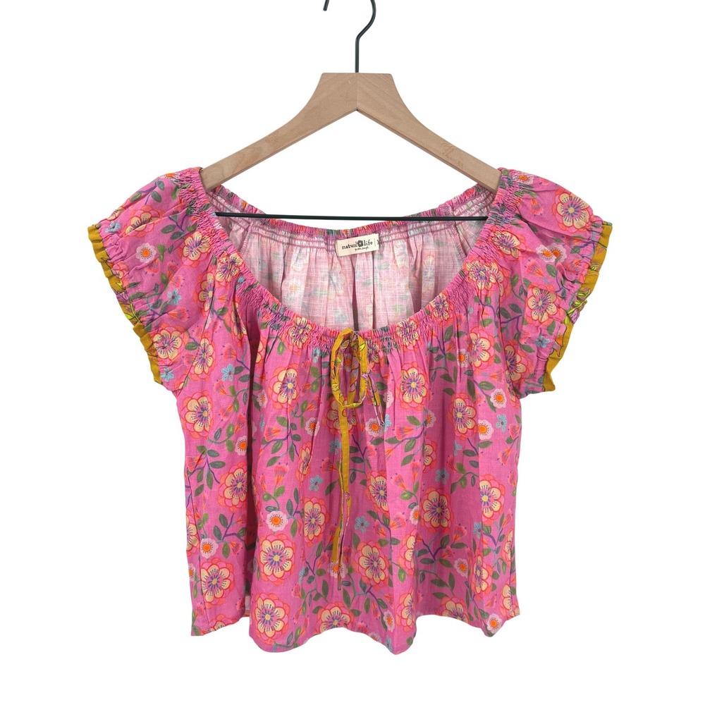 Natural‎ Life XS Pink Floral Cotton Cap Sleeve Boho Blouse Top